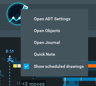 ADT chart icon with its right-click menu for Settings, Objects, Journal, Quick Note, and scheduled drawings